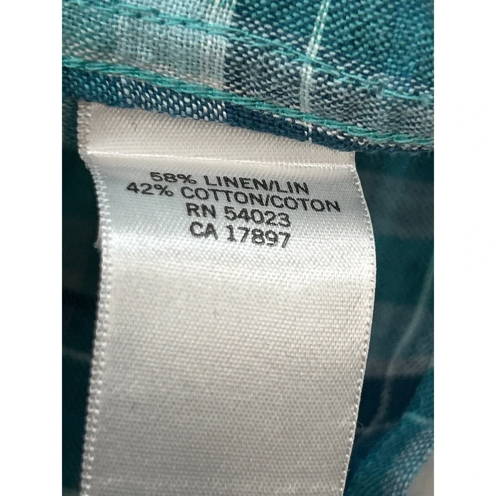 Banana Republic Button Down Shirt Mens M Teal Plaid Linen Cotton Epaulets Beach